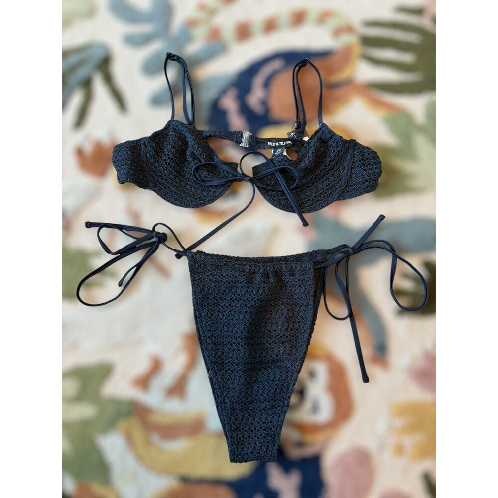 New Pretty Little Thing Navy Blue Crochet Bikini Set Size 8/10